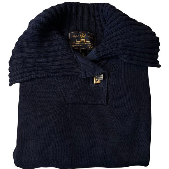 LRL Lauren Jeans Co Blue Label Shawl Sweater Size XL Gold Clasp Rib Detail - Picture 4 of 6